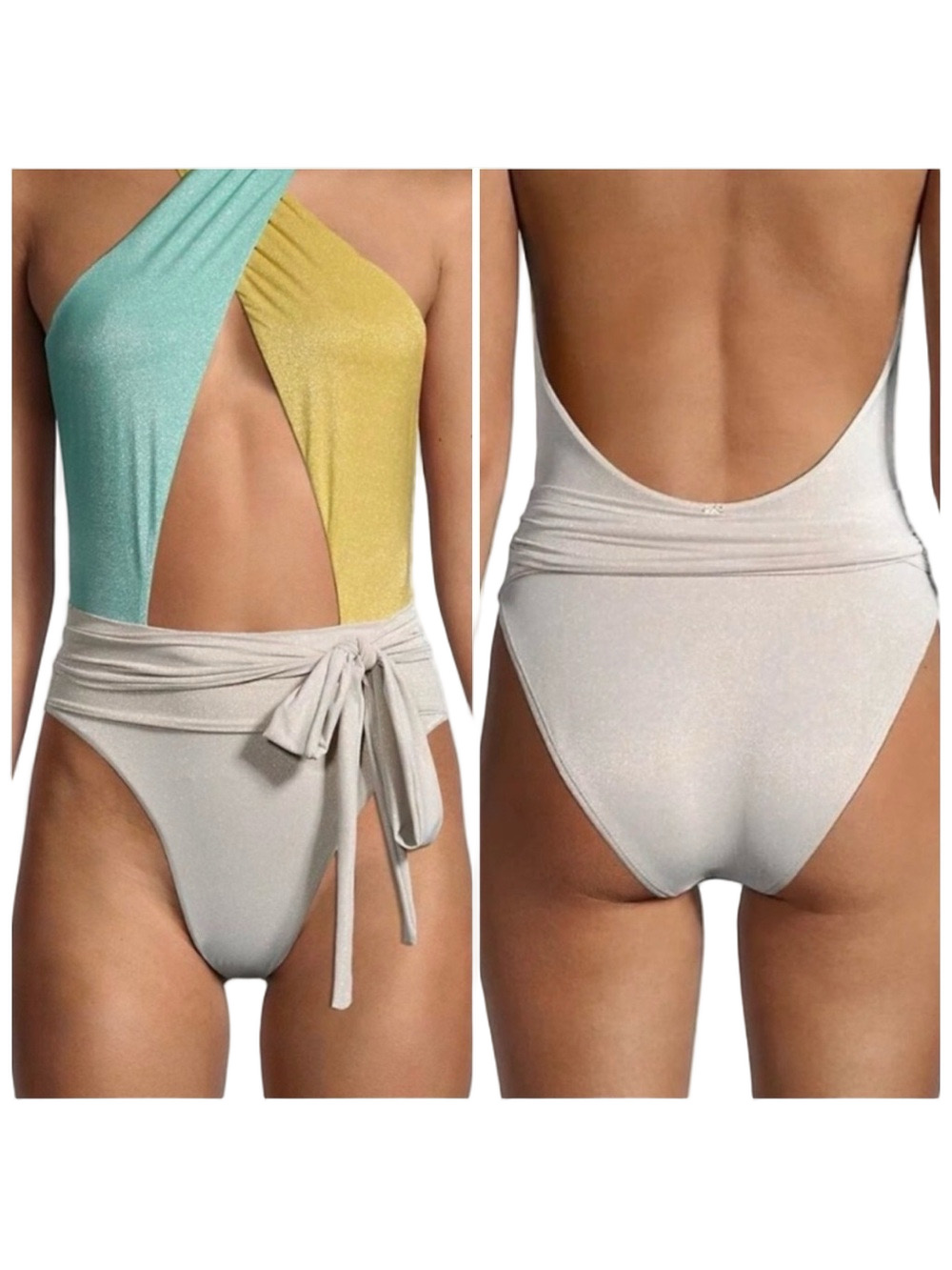 🦢PQ Colorblock One-Piece Swimsuit in Aqua, Yellow glitter size M NEW